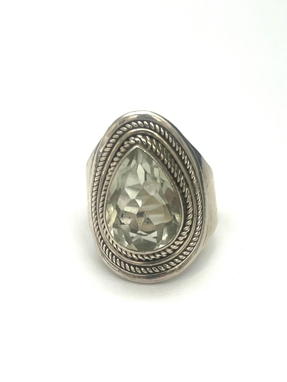 Elegant Teardrop / Pear Brittania Silver Ring with Faceted 5ct Green Amethyst